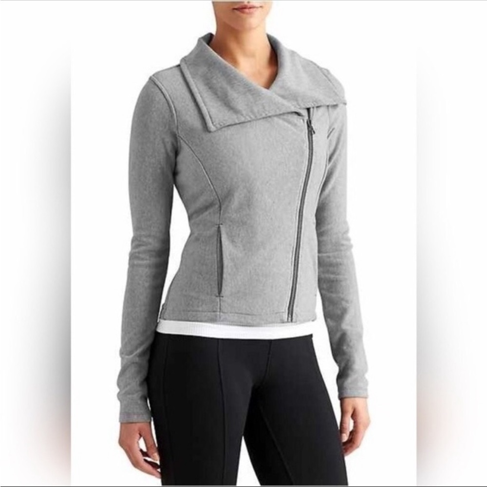 Athleta Light Grey On The Move Asymmetrical Zip Up Moto Jacket